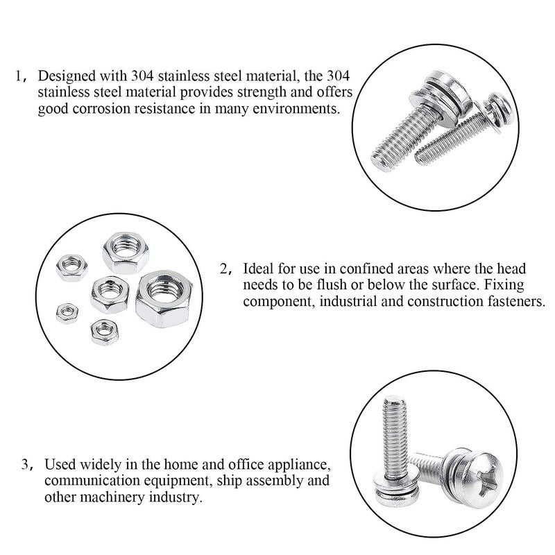 DYWISHKEY 480 PCS M2 M2.5 M3 M4 M5 M6, 304 Stainless Steel Phillips Pan Head Screws Combine with Spring Washer and Flat Washers Nuts Assortment Kit - Image 5